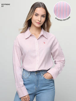 U.S. POLO ASSN. - Women Pink Vertical Striped Boyfriend Fit Shirt