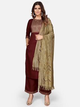 Vbuyz - Printed Straight Cotton Blend Maroon Kurta Palazzo With Dupatta(1917) (Set of 3)