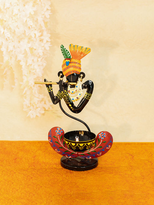 Ekhasa Hand Painted Krishna Metal Tealight Candle Holder