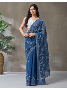 Fabindia - Indigo Cotton Silk Blend Chikankari Saree without Blouse