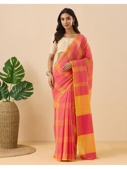 Fabindia - Yellow Cotton Hand Woven Saree without Blouse