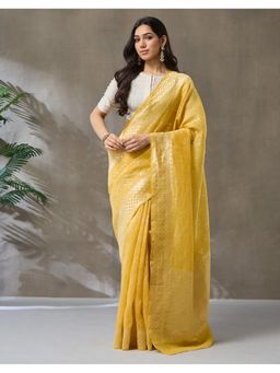 Fabindia - Yellow Linen Blend Saree without Blouse