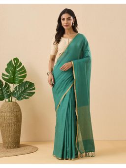 Fabindia - Teal Linen Blend Hand Woven Saree without Blouse