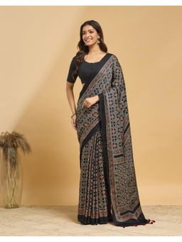 Fabindia - Black Viscose Blend Ajrakh Printed Saree without Blouse