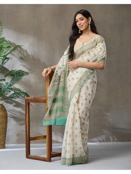 Fabindia - White Cotton Silk Hand Block Print Saree without Blouse