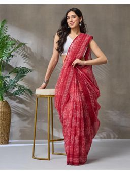 Fabindia - Pink Cotton Silk Hand Block Print Saree without Blouse