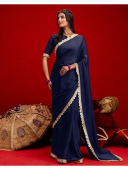 SATRANI - Navy Blue Lace Crush Silk Saree with Unstitched Blouse