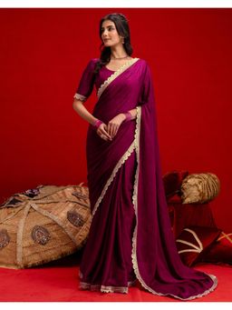 SATRANI - Magenta Lace Crush Silk Saree with Unstitched Blouse