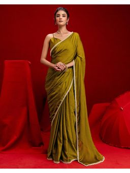 SATRANI - Olive Green Pearl Lace Crush Silk Saree with Unstitched Blouse