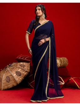 SATRANI - Navy Blue Sequins Embroidery Lace Georgette Saree with Unstitched Blouse