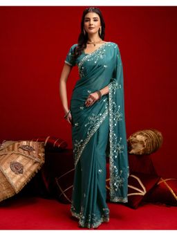 SATRANI - Dusty Teal Blue Sequins Embroidery Georgette Saree with Unstitched Blouse