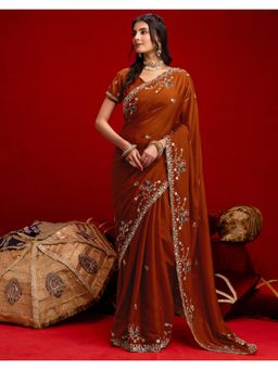 SATRANI - Rust Sequins Embroidery Georgette Saree with Unstitched Blouse