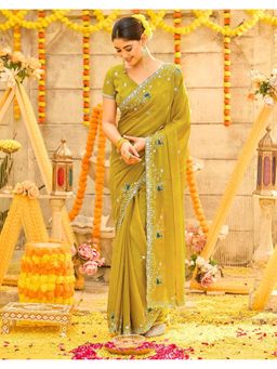 SATRANI - Mustard Yellow Sequins Embroidery Georgette Saree with Unstitched Blouse