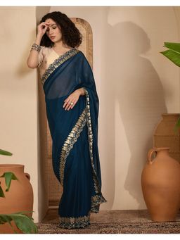 SATRANI - Navy Blue Embroidery Georgette Saree with Unstitched Blouse