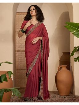 SATRANI - Rust Stone Work Scalloped Border Shimmer Georgette Saree with Unstitched Blouse