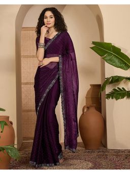 SATRANI - Dark Purple Stone Work Scalloped Border Shimmer Chiffon Saree with Unstitched Blouse