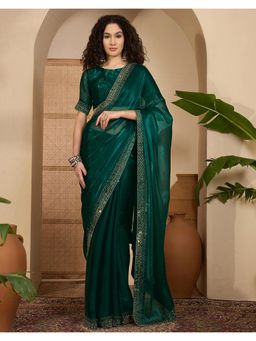 SATRANI - Dark Green Stone Work Shimmer Chiffon Saree with Unstitched Blouse