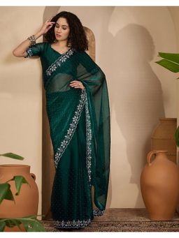 SATRANI - Dark Green Stone Work Scalloped Border Shimmer Chiffon Saree with Unstitched Blouse