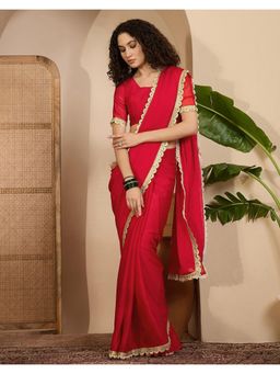 SATRANI - Red Lace Crush Silk Saree with Unstitched Blouse