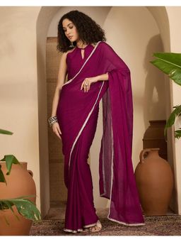 SATRANI - Dark Magenta Pearl Lace Crush Silk Saree with Unstitched Blouse