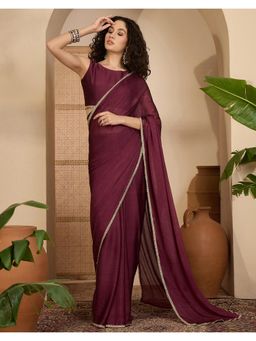SATRANI - Dusty Wine Lace Crush Silk Saree with Unstitched Blouse