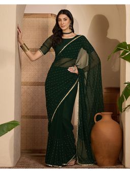 SATRANI - Bottle Green Stone Work Lace Georgette Saree with Unstitched Blouse