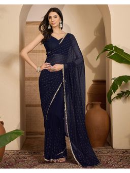 SATRANI - Navy Blue Stone Work Lace Georgette Saree with Unstitched Blouse