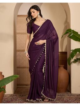 SATRANI - Wine Lace Tassel Shimmer Georgette Saree with Unstitched Blouse