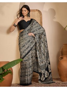 SATRANI - Black, Beige Printed Satin Saree with Unstitched Blouse