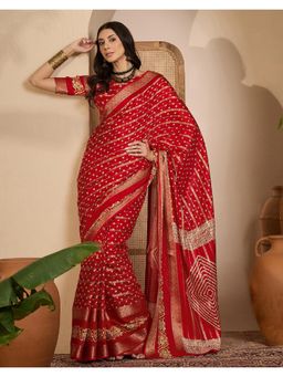 SATRANI - Red Bandhani Printed, Weaving Silk Saree with Unstitched Blouse