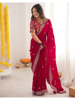 SATRANI - Dark Pink Sequins Embroidery Tissue Silk Saree with Unstitched Blouse