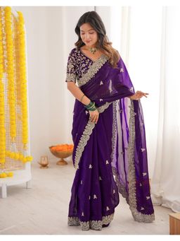 SATRANI - Purple Sequins Embroidery Tissue Silk Saree with Unstitched Blouse