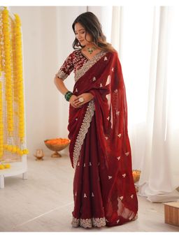 SATRANI - Maroon Sequins Embroidery Tissue Silk Saree with Unstitched Blouse