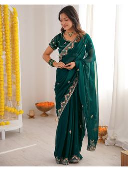 SATRANI - Green Sequins Embroidery Silk Saree with Unstitched Blouse