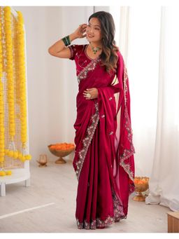 SATRANI - Pink Sequins Embroidery Silk Saree with Unstitched Blouse