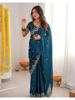 SATRANI - Peacock Teal Sequins Embroidery Silk Saree with Unstitched Blouse