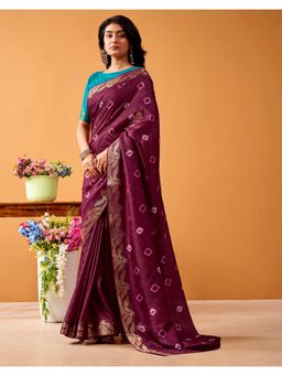 SATRANI - Wine Weaving Bandhani Printed Silk Saree with Unstitched Blouse