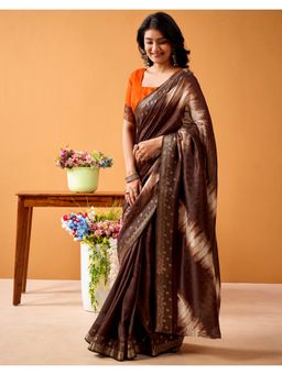 SATRANI - Brown Weaving Printed Silk Saree with Unstitched Blouse