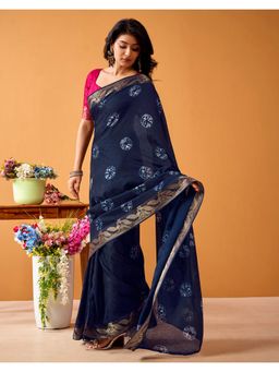 SATRANI - Navy Blue Weaving Printed Silk Saree with Unstitched Blouse