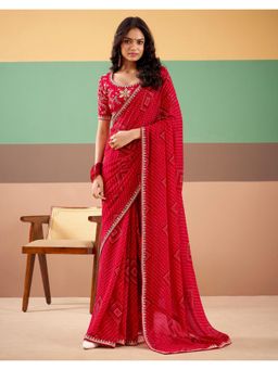 SATRANI - Red Bandhani Printed Embroidery Lace Georgette Saree with Unstitched Blouse