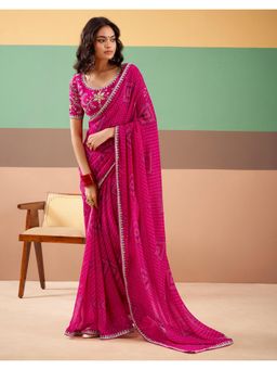 SATRANI - Pink Bandhani Printed Embroidery Lace Georgette Saree with Unstitched Blouse