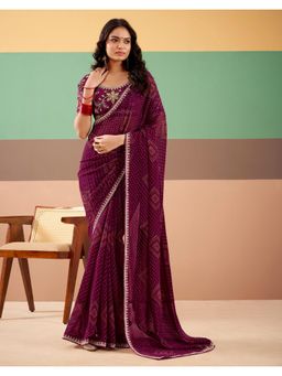 SATRANI - Wine Bandhani Printed Embroidery Lace Georgette Saree with Unstitched Blouse