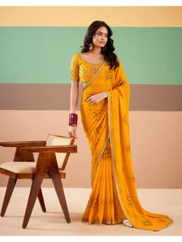 SATRANI - Yellow Bandhani Printed Embroidery Lace Georgette Saree with Unstitched Blouse