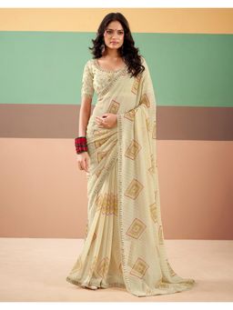 SATRANI - Cream Bandhani Printed Embroidery Lace Georgette Saree with Unstitched Blouse