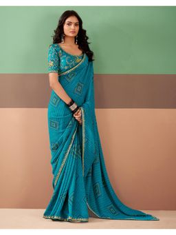 SATRANI - Teal Blue Bandhani Printed Embroidery Lace Georgette Saree with Unstitched Blouse