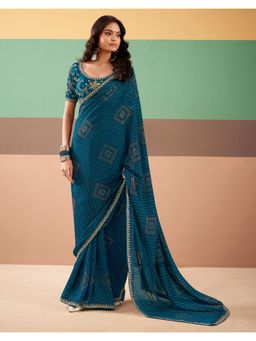 SATRANI - Rama Blue Bandhani Printed Embroidery Lace Georgette Saree with Unstitched Blouse