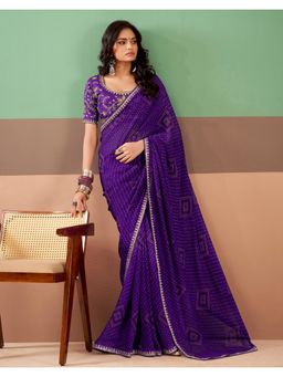 SATRANI - Violet Bandhani Printed Embroidery Lace Georgette Saree with Unstitched Blouse