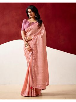 SATRANI - Peach Solid Tassels Silk Saree with Unstitched Blouse