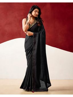 SATRANI - Black Solid Tassels Silk Saree with Unstitched Blouse