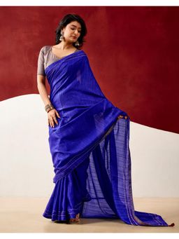SATRANI - Dark Blue Solid Tassels Silk Saree with Unstitched Blouse